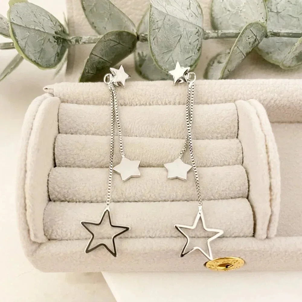 925 Sterling Silver Star Dangle Earrings Long Star Tassel Chain Drop Earrings - Picture 3 of 6